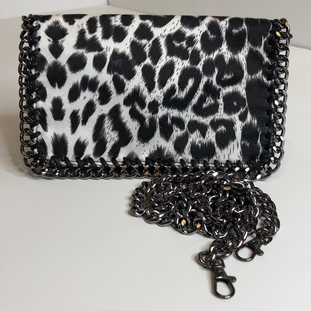 Black/White Leopard Faux Hair Chain Trim Clutch